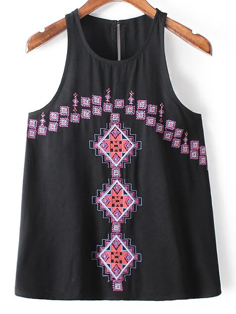 Romwe Black Keyhole Back Embroidery Tank Top