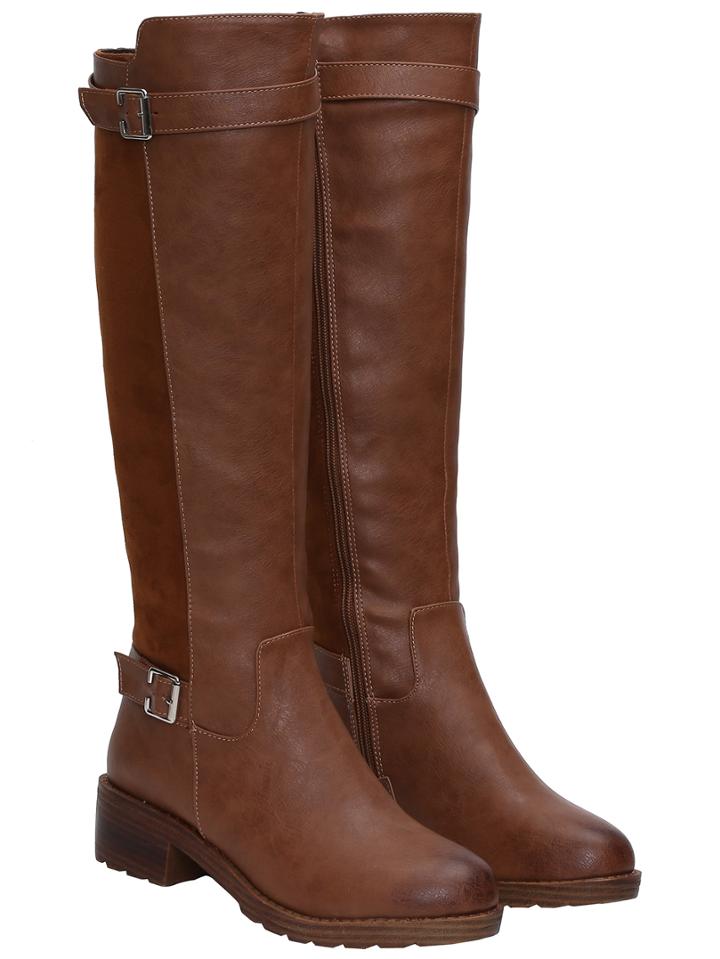 Romwe Light Brown Buckle Side Zip High Boots