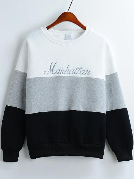 Romwe Colour-block Round Neck Letters Embroidered Sweatshirt