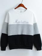 Romwe Colour-block Round Neck Letters Embroidered Sweatshirt