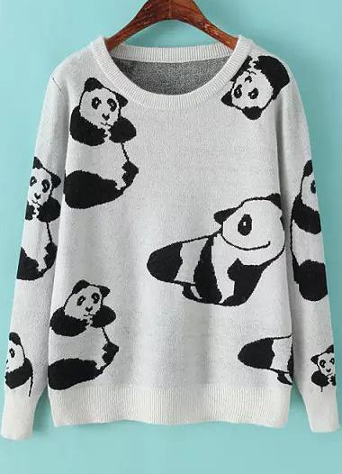 Romwe Panda Print Knit White Sweater