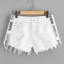 Romwe Ripped Contrast Letter Tape Raw Hem Denim Shorts