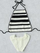 Romwe Striped Pattern Halter Crochet Bikini Set