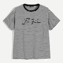 Romwe Guys Letter Print Striped Top