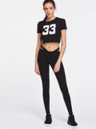 Romwe Number Print Crop Tee With Cut Out Waist Leggings