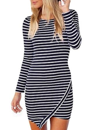 Romwe Long Sleeve Striped Asymmetrical Black Dress