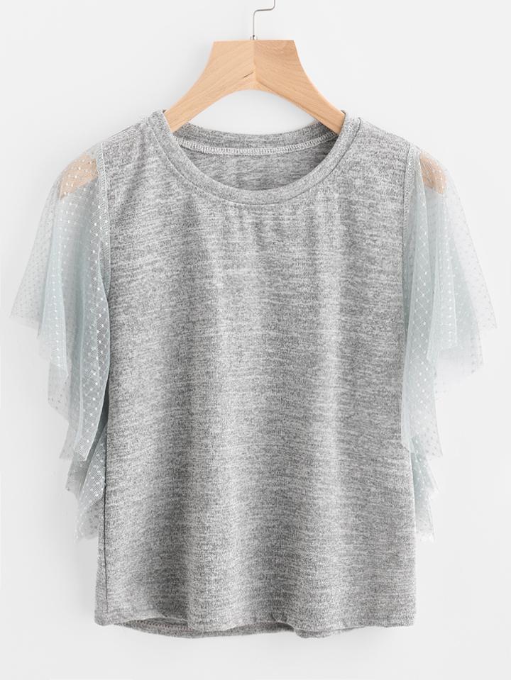 Romwe Lace Sleeve Slub Tee