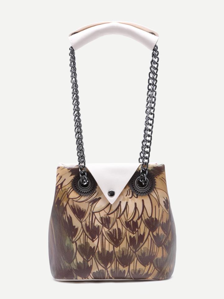 Romwe Beige Night Owl Design Button Closure Chain Strap Tote Bag