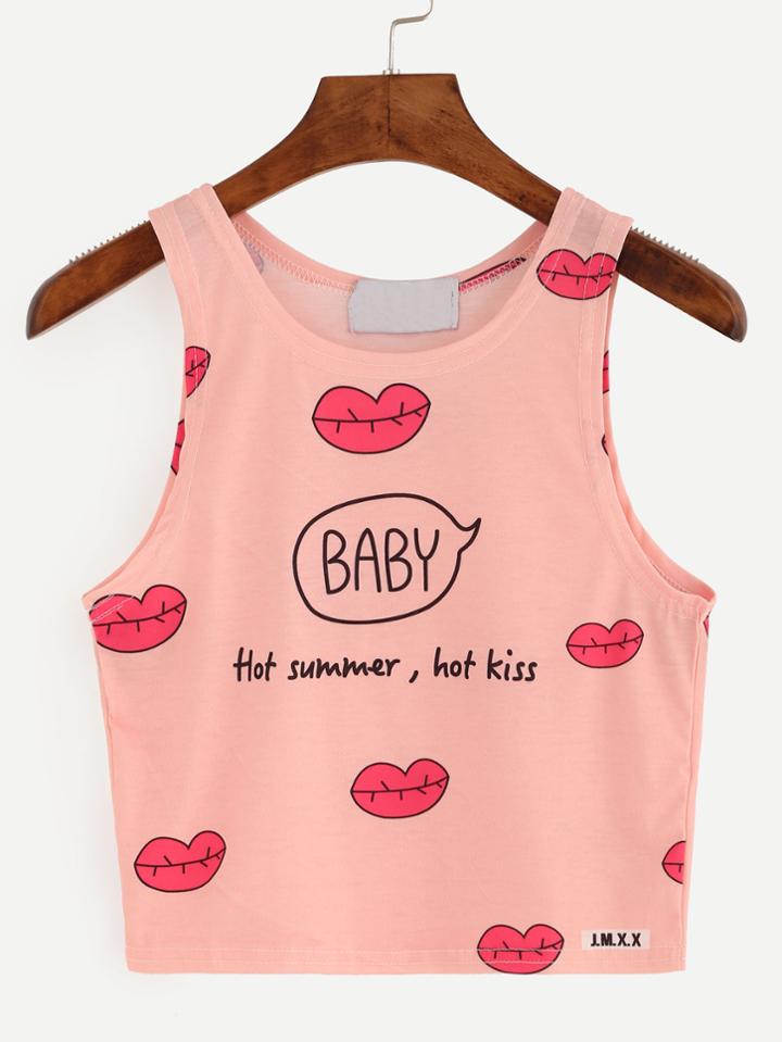 Romwe Pink Lip Print Crop Tank Top