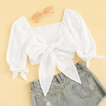 Romwe Eyelet Embroidery Tie Front Shirred Crop Blouse