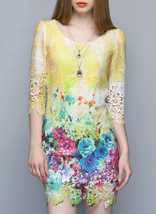 Romwe Yellow Soluble Flowers Lace Dress