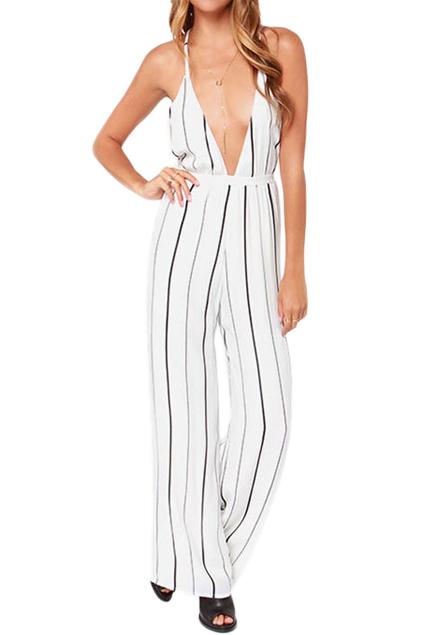 Romwe Striped V-neck Strapped Backless Jumpsuit