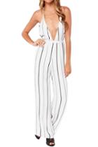 Romwe Striped V-neck Strapped Backless Jumpsuit