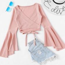 Romwe Tie Hem Flounce Sleeve Top