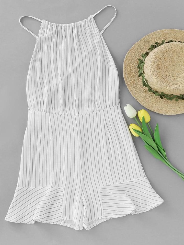 Romwe Striped Criss Cross Backless Frill Romper