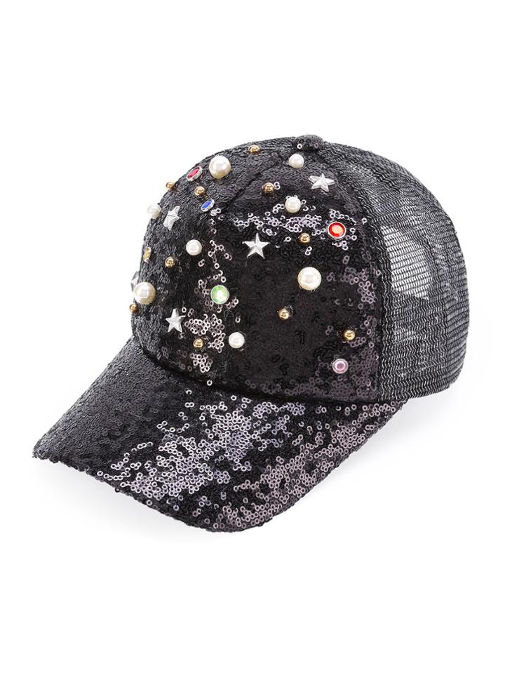 Romwe Faux Pearl Embellished Sequin Trucker Cap