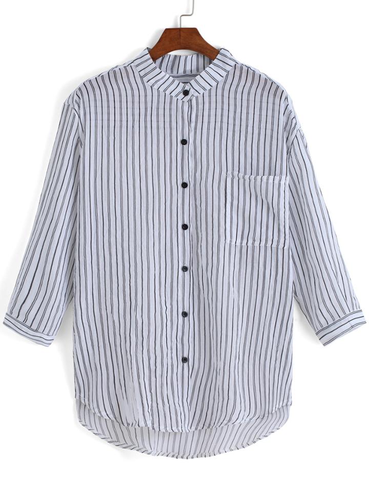 Romwe Dip Hem With Pocket Vertical Striped Blouse
