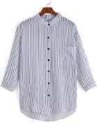 Romwe Dip Hem With Pocket Vertical Striped Blouse