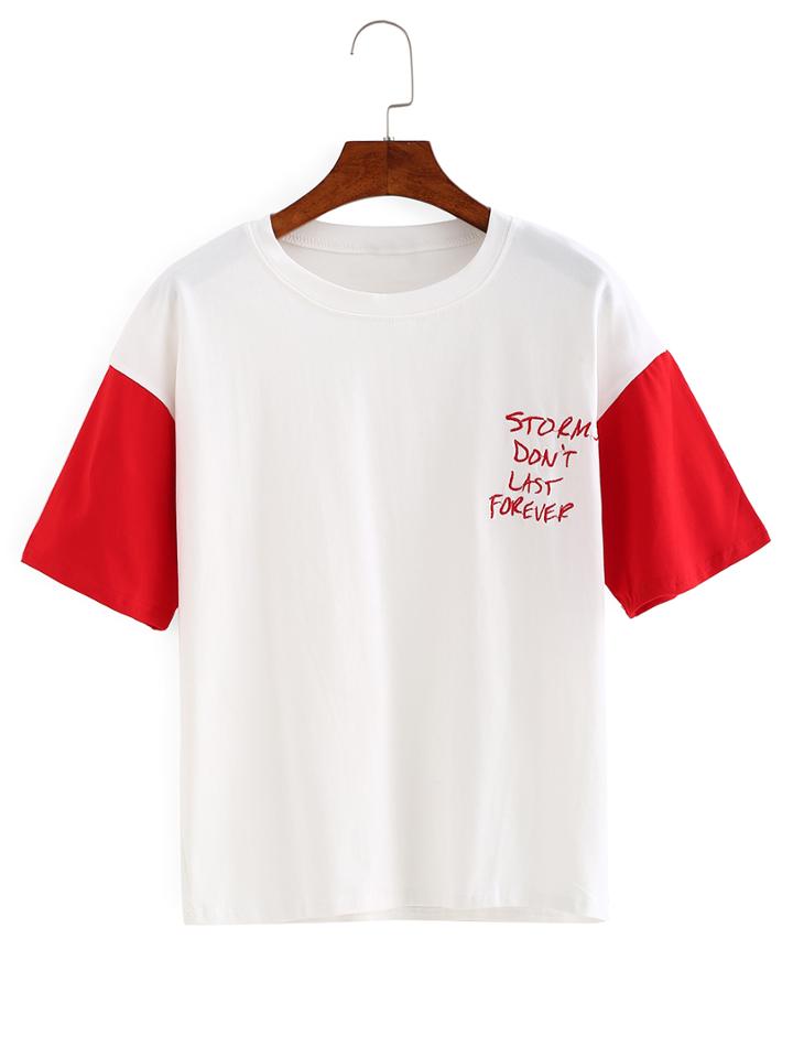 Romwe Contrast Sleeve Letter Embroidered T-shirt