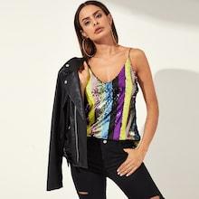 Romwe Metallic Sequin Dual V Neck Cami Top