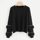 Romwe Plus Pearl & Faux Fur Embellished Sleeve Jumper