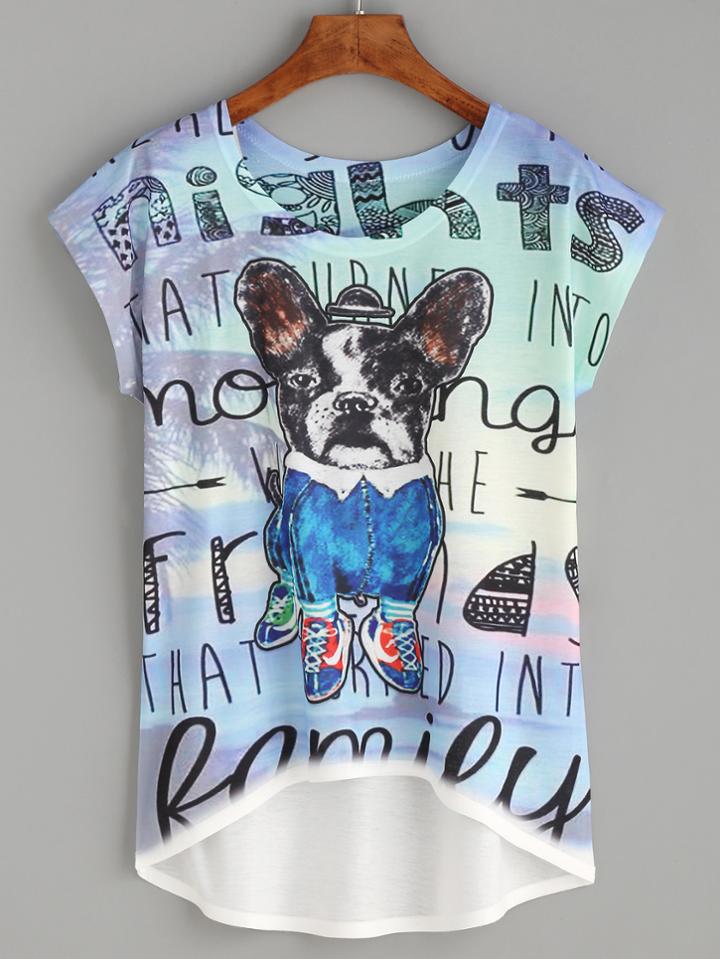 Romwe Multicolor Dog Print High Low T-shirt