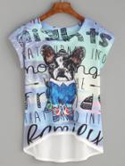 Romwe Multicolor Dog Print High Low T-shirt