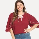 Romwe Plus Butterfly Sleeve Knot Neck Blouse