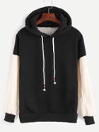 Romwe Black Contrast Sleeve Drawstring Hooded Sweatshirt