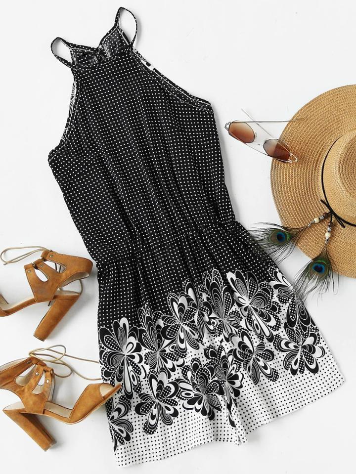 Romwe Polka Floral Print Self Tie Open Back Romper