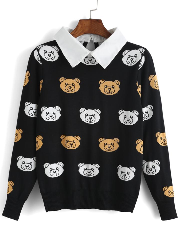 Romwe Lapel Bear Print Black Sweater
