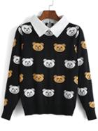 Romwe Lapel Bear Print Black Sweater
