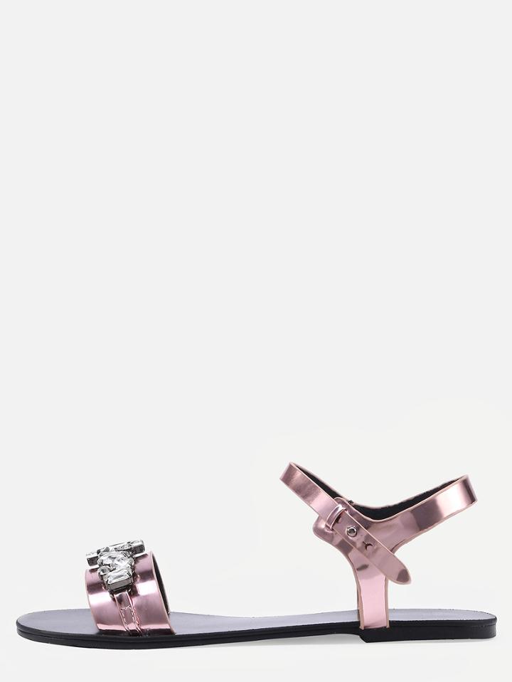 Romwe Rhinestone Embellished Faux Leather Sandals - Rose Gold