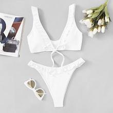Romwe Bow Tie Plunge Top With Frill Trim Bikini