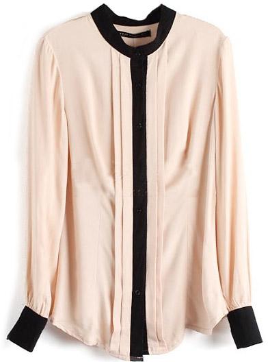 Romwe Apricot Long Sleeve Contrast Trims Pleated Blouse