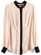 Romwe Apricot Long Sleeve Contrast Trims Pleated Blouse