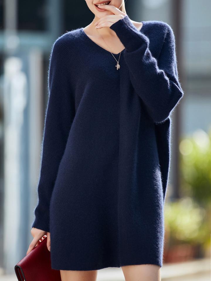 Romwe Navy V Neck Long Sleeve Shift Sweater