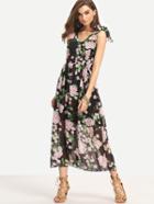 Romwe Tie-shoulder Flower Print Long Dress