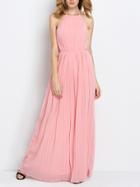 Romwe Pink Sleeveless Halter Pleated Maxi Dress