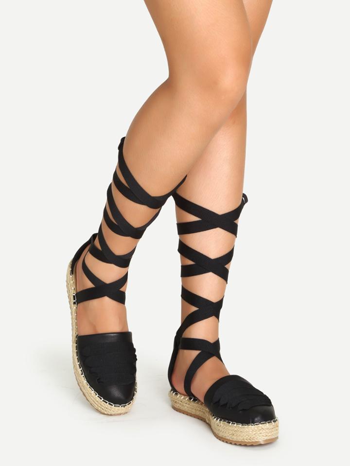 Romwe Black Lace Up Faux Leather Espadrille Sandals