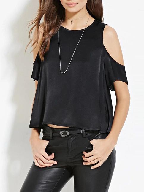 Romwe Open Shoulder Keyhole Black T-shirt