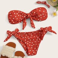 Romwe Polka Dot Knot Bandeau With Tie Side Bikini