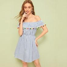 Romwe Vertical-striped Off The Shoulder Pompom Trim Dress