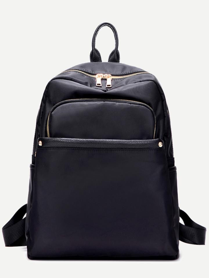 Romwe Black Nylon Front Zipper Backpack