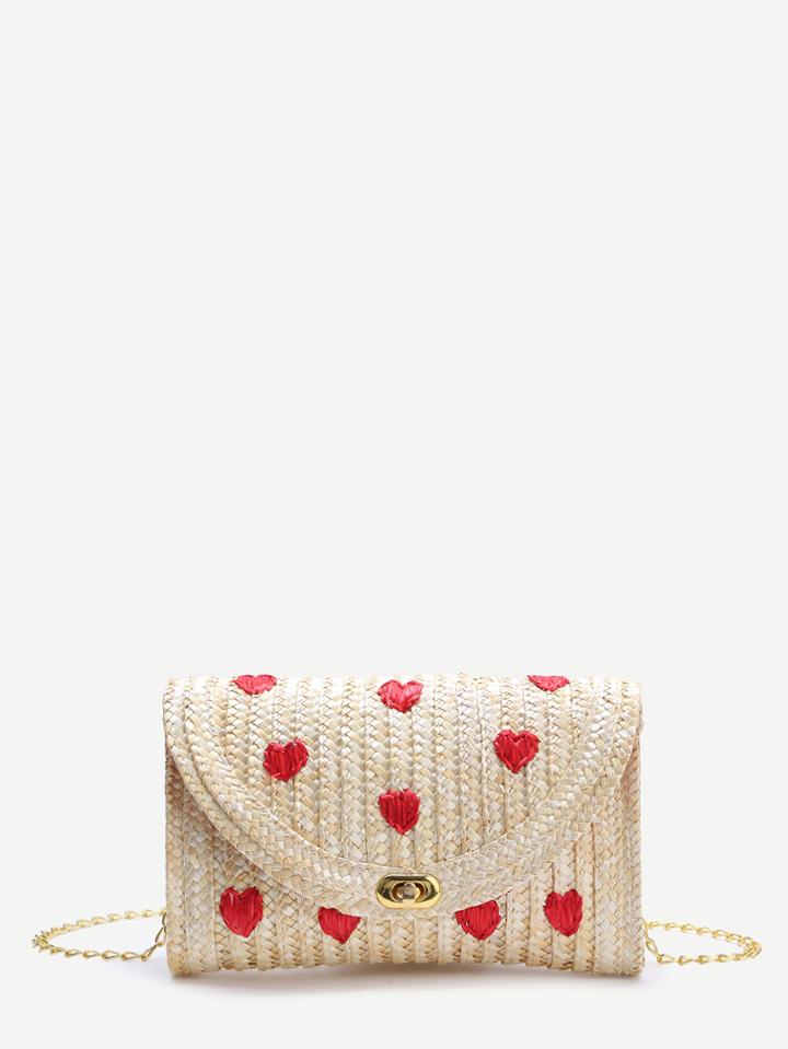 Romwe Beige Heart Straw Shoulder Bag With Chain
