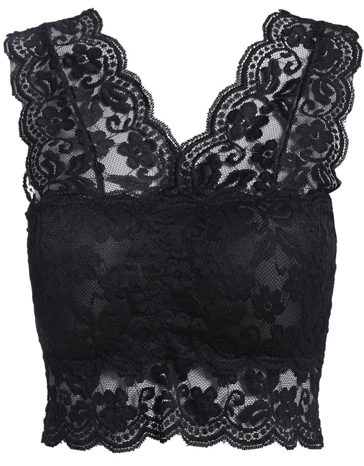 Romwe Black V Neck Sheer Lace Tank Top