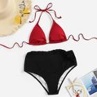 Romwe Two Tone Frill Trim High Waist Bikini Set