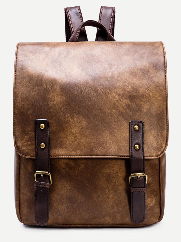 Romwe Brown Pu Double Buckle Strap Flap Backpack