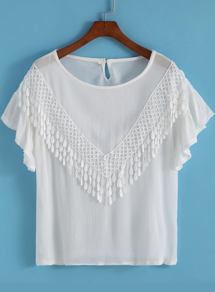 Romwe White Ruffle Sleeve Tassel Loose Blouse