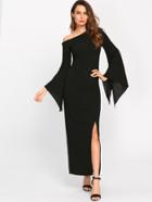 Romwe Asymmetric Shoulder Fluted Sleeve Dress